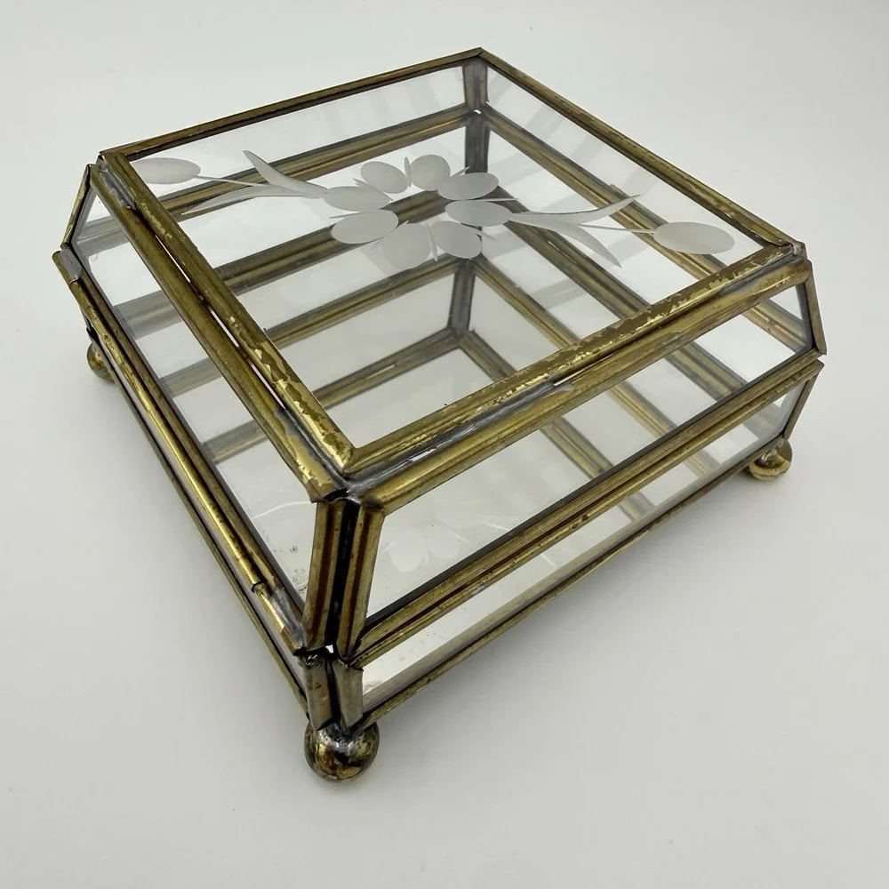 Mirrored Glass Jewelry Box Brass Trinket Etched Flower Lid Storage Display 4x4x2